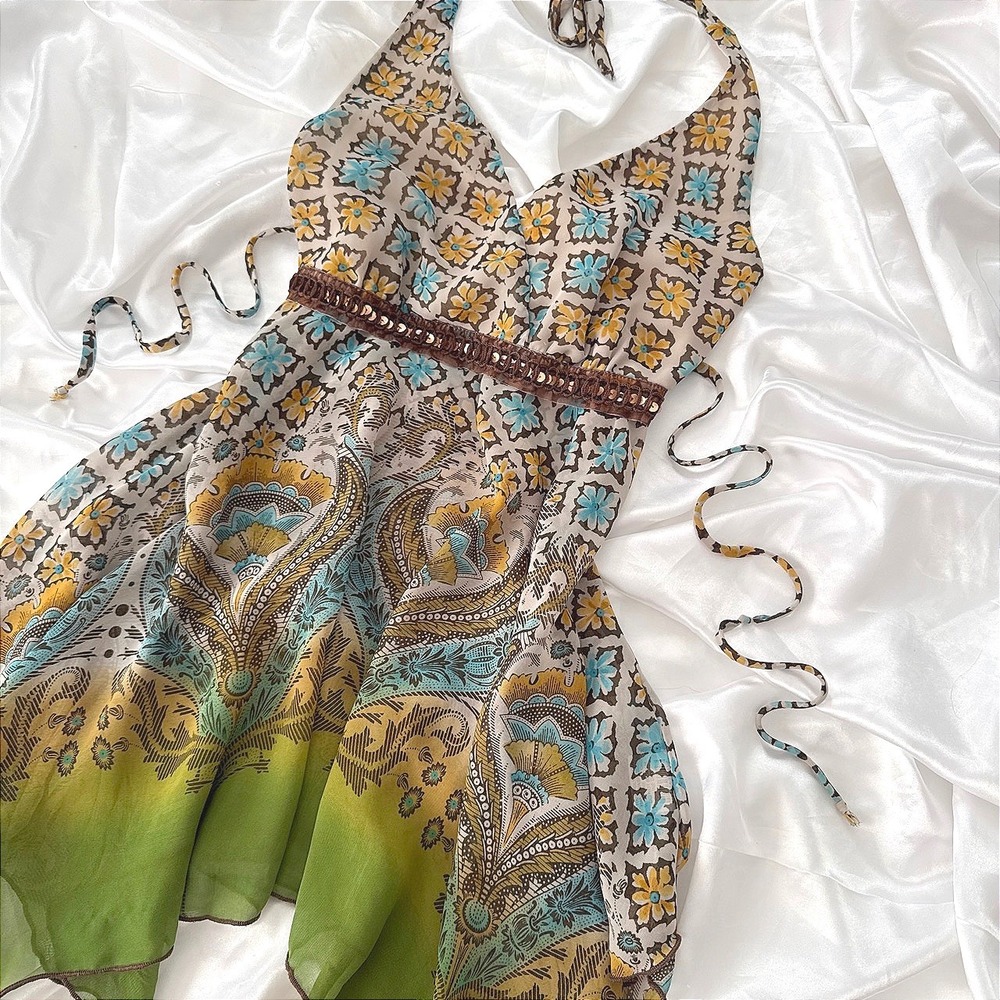 Heart Soul Paisley Floral Halter Top Sequin Empire Waist Handkerchief Hem Small